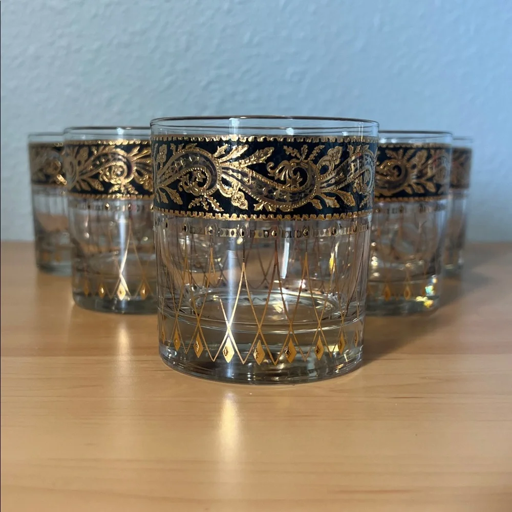 Set of 8 22K Gold Bavaria Culver Ebony Baroque Bucket Lowball Glassware Vintage